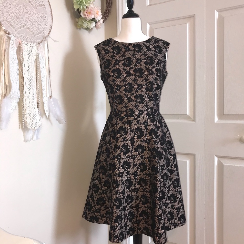 Tahari Black & Nude Crochet Lace Cocktail Dress